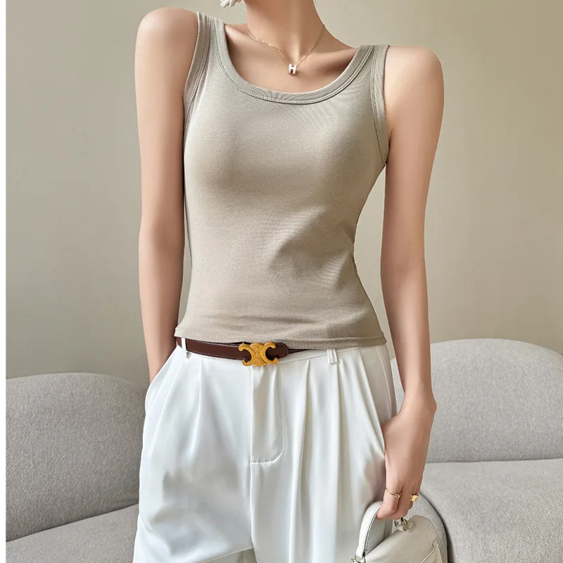 Korea Stylish Women\'s Camisole Sleeveless Solid Color Cotton Base Layer Tops Stretch Undershirts Concealing Side Cleavage C5731