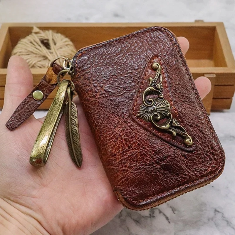100% prawdziwy skórzany na klucze portfel mężczyźni uchwyt na kluczyk samochodowy klucz w stylu Retro torba mężczyźni torebka Vintage gospodyni brelok pokrowiec na kartę ze skóry wołowej przypadku — zdjęcie 2