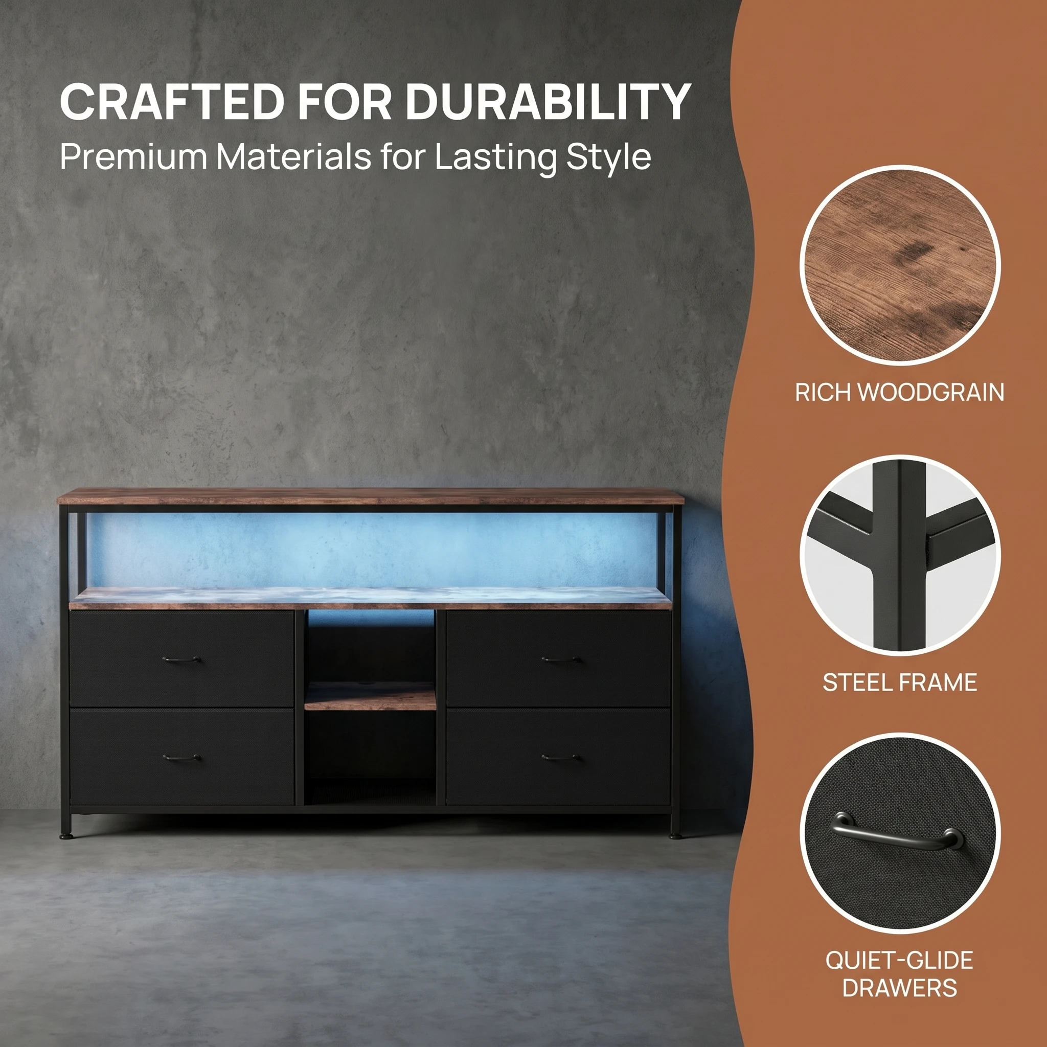 Mueble para TV de 108 cm con luces LED, unidad de cajones de tela con 4 cajones y 2 estantes abiertos, adecuado para salas de estar y dormitorios, compatible con televisores de 55/60/65 pulgadas
