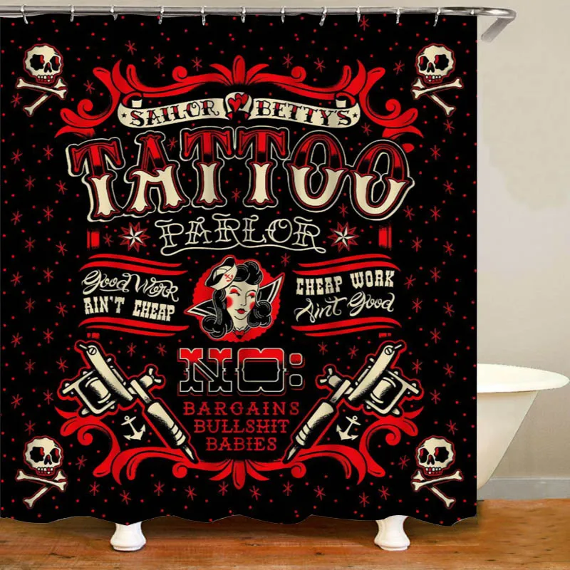 Vintage Punk Style Tattoo Pirate Sailor Bathroom Shower Curtain Set for Bathroom Cool Gun Skull Bath Rugs Halloween Home Decor