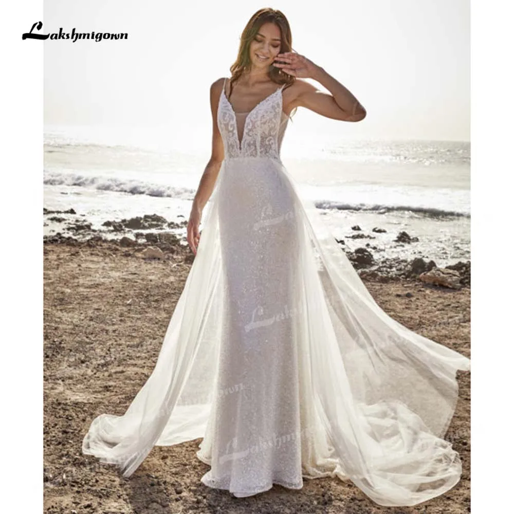 

Lakshmigown Deep V-Back Sequined Mermaid Wedding Dress Spaghetti Straps Sweep Train Bridal Gown Vestidos De Novia Customized