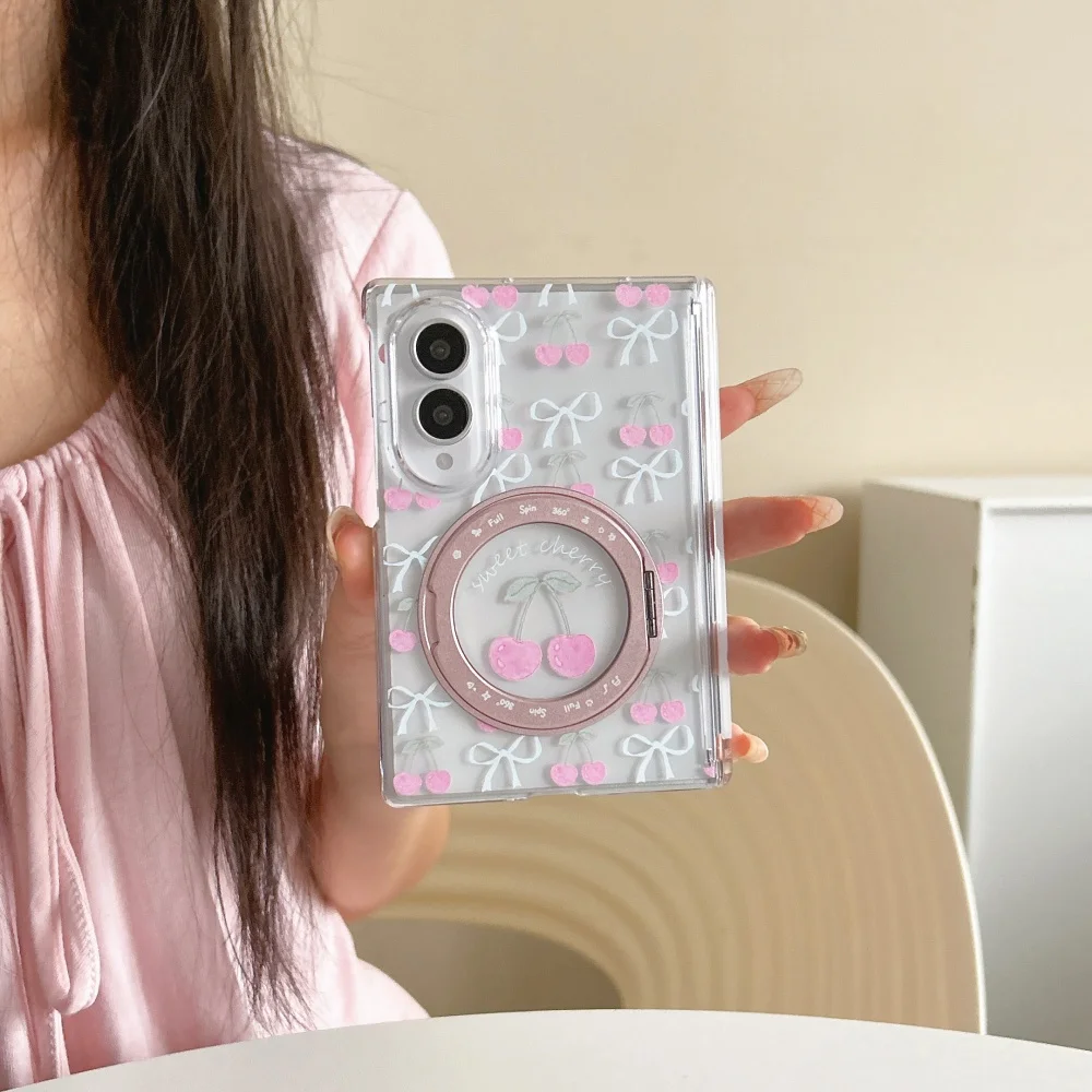 New Korean Ins Cute Cherry Bow Phone Case for Samsung Galaxy Z Fold 8 with Magsafe Stand Sweet Anti-drop Protective Case Fashion