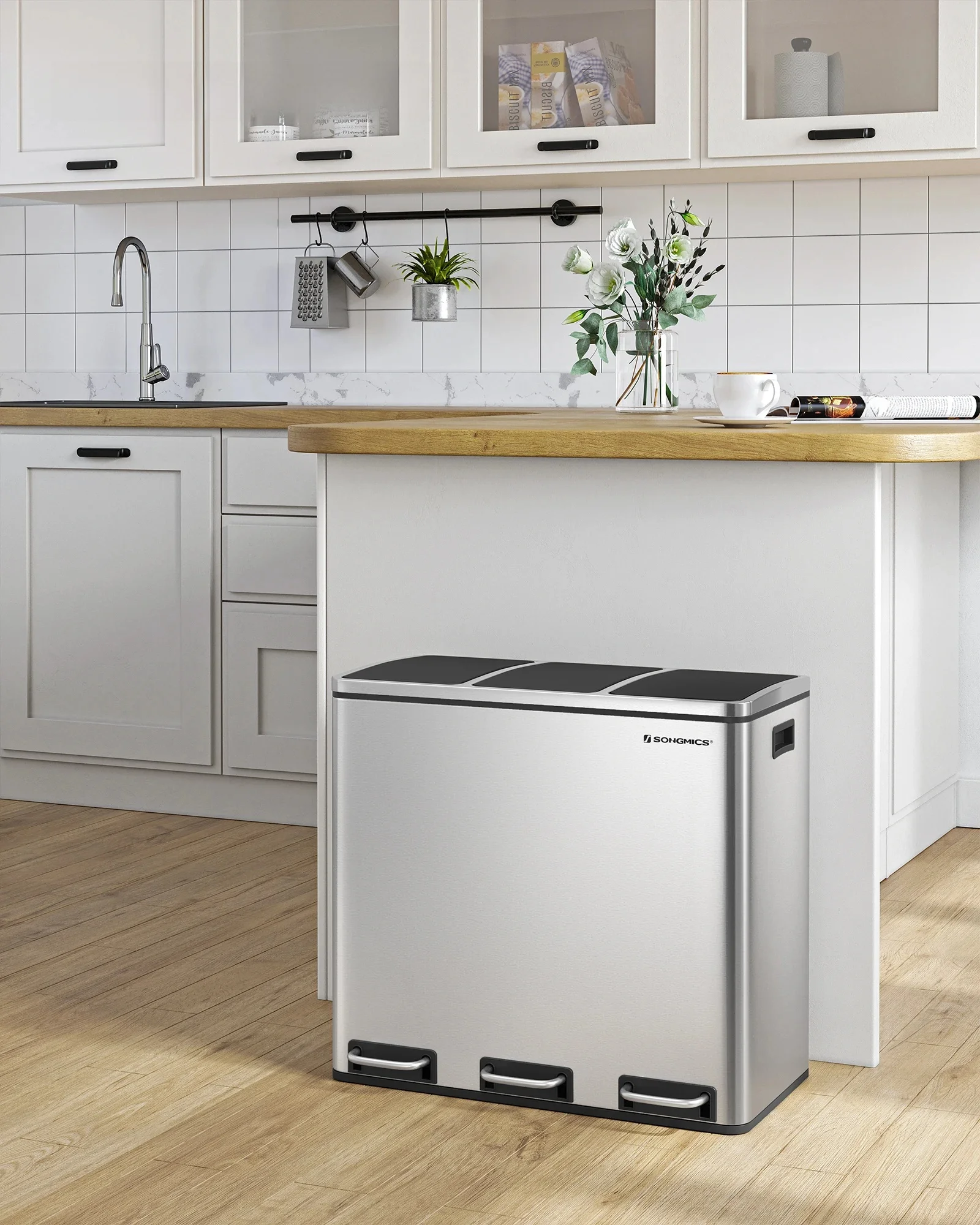 SONGMICS Mülleimer, Mülltrennsystem, 3 x 18 L, ergonomisch, 3 Fächer