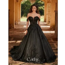 Shiny Black Off The Shoulder Wedding Gown Gothic Black Tull Sweep Train Wedding Dress Gothic Lace Embroidery Bride Gown