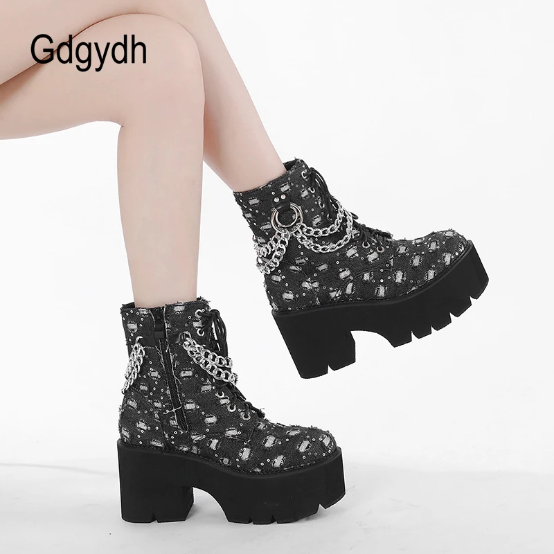 Gdgydh Women\'s Punk Platform Short Boots with Chain Decor Lace Up Chunky Heeled Combat boots for Women Fashion Sequin