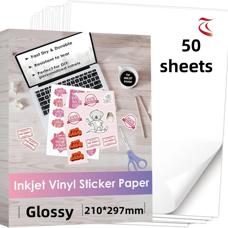 Glossy PP Premium Printable Vinyl Sticker A4 50 Sheets 8.5x11'' for Inkjet Printer Waterproof Adhesive Paper Materials