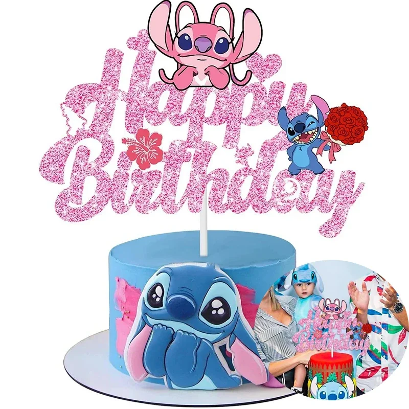 Pink Lilo e Stitch Cartoon Cake Topper, Happy Birthday Cake Decor, Fontes do partido para crianças,