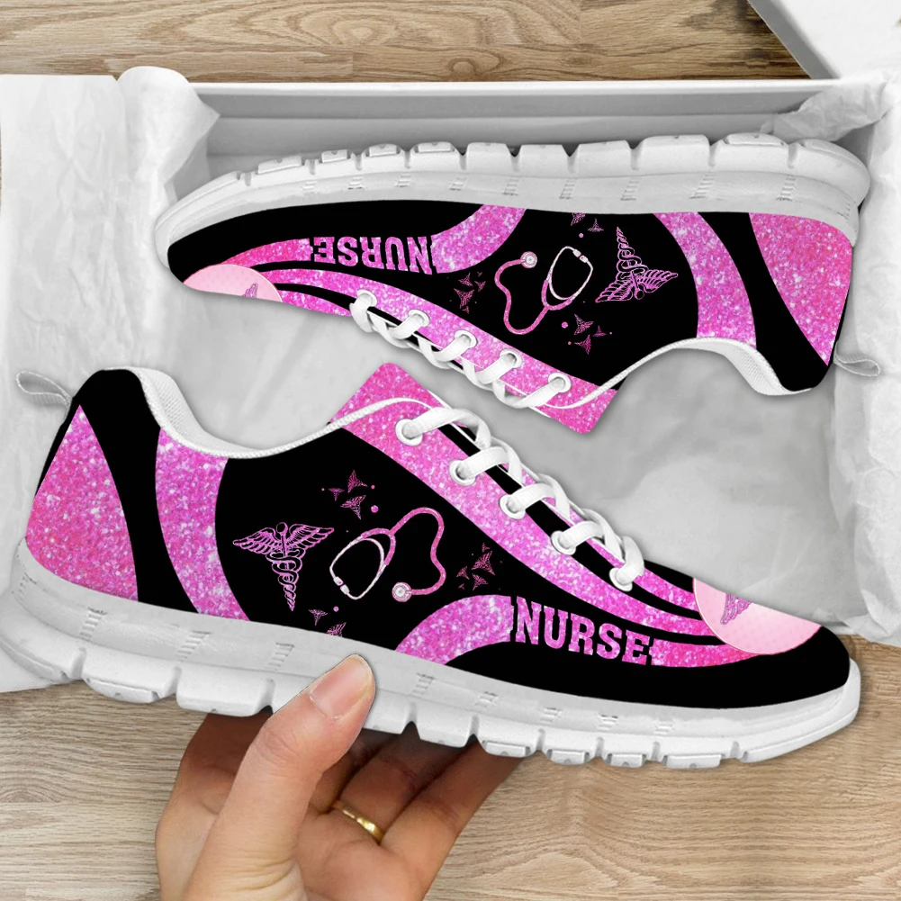 INSTANTARTS Pink Nurse Shoes for Women Comfort Walking Sneakers Paramedic EMT EMS Pattern Lace-up Flat Shoes for Ladies Gifts