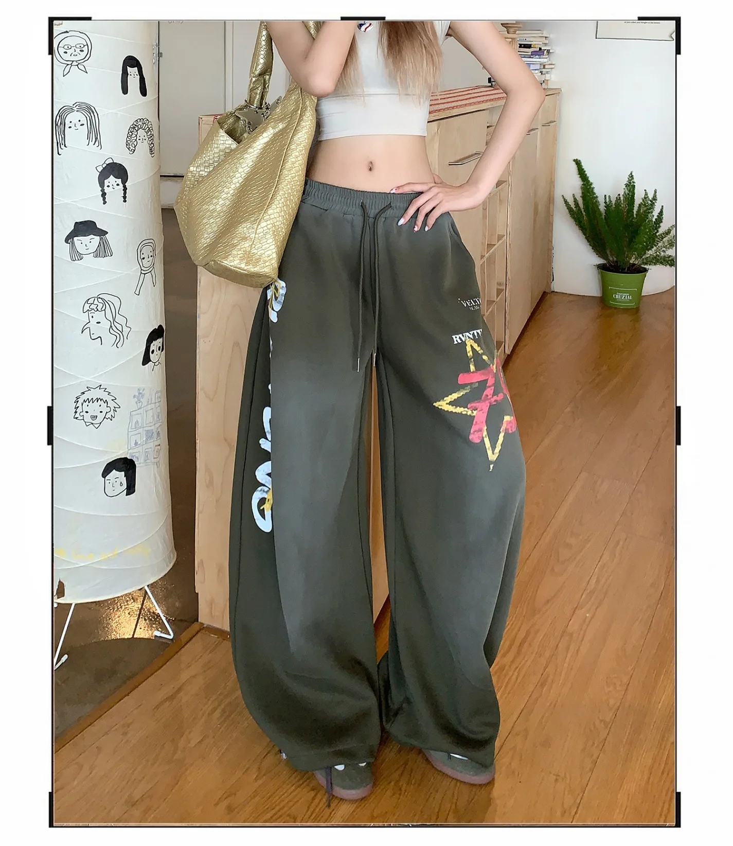 2026 New Vintage Gradient Wash Wide Leg Sweatpants for Women Letter Print Jazz Dance Curved Casual Pants