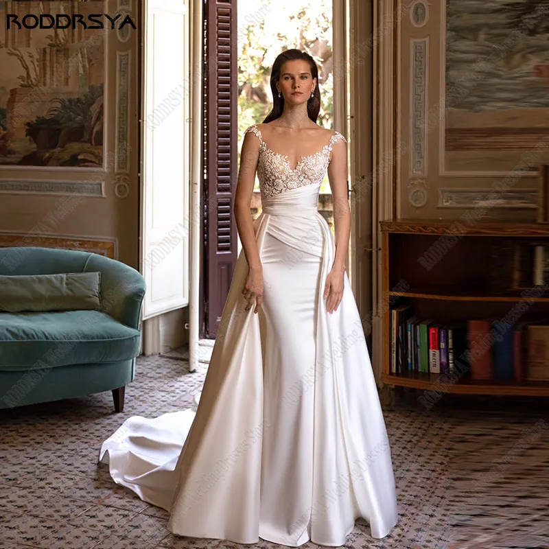 RODDRSYA-vestido de novia de satén con volantes para mujer, vestido de novia de sirena con cremallera, apliques de ilusión, hecho a medida