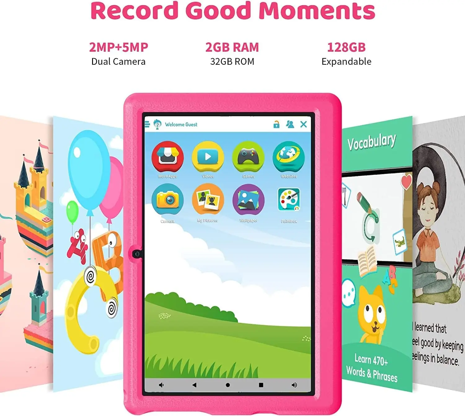 Tablet per bambini da 10,1 pollici Android 13 6 GB RAM 64 GB ROM 1 TB Espandi batteria da 5000 mAh Doppia fotocamera per bambini dai 3 ai 12 anni Controllo parentale