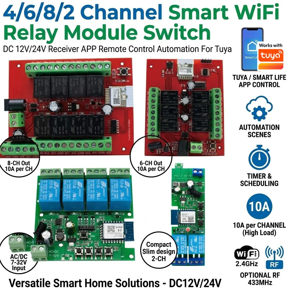 2/4/6/8 Channel Smart WiFi Relay Module Switch, DC 12V/24V Receiver APP Remote Control Automation For Tuya