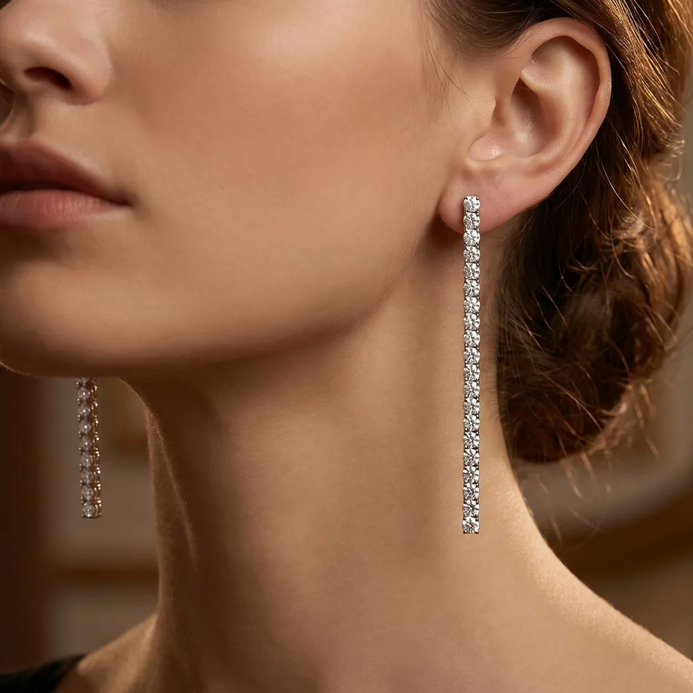 

YLMyself 925 Silver Tennis Earrings 3mm Round Moissanite Long Dangle 4.6cm/7.5cm Hypoallergenic Luxury Gift