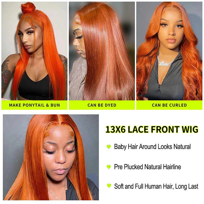 13x6 13x4 Transparent Lace Front Wigs Human Hair Ginger Orange Straight Wig 100% Human Hair 350 Colored 34inch For Women 200%