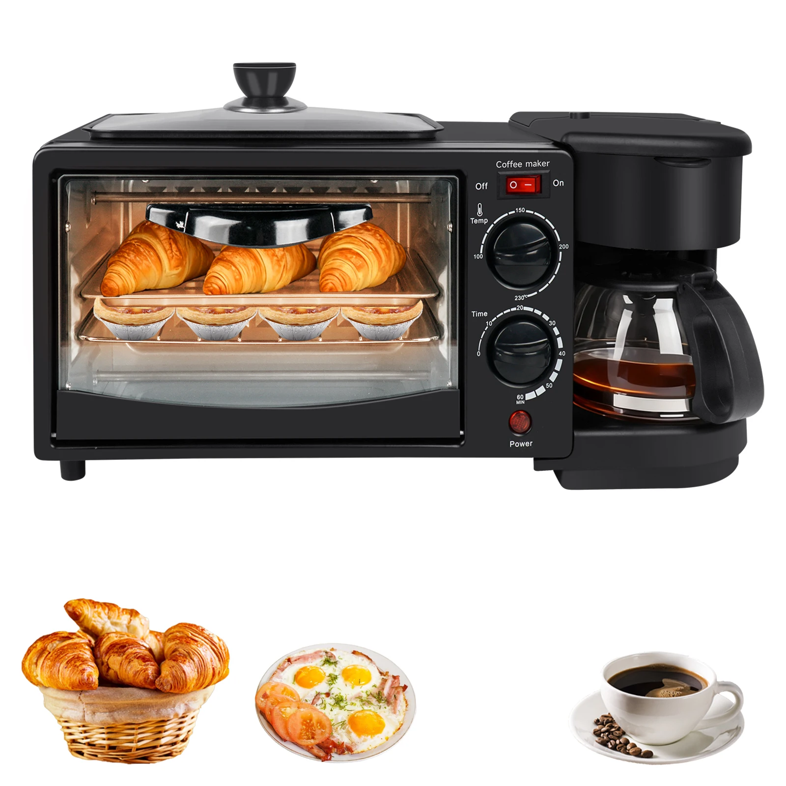 Station de petit-déjeuner multifonctionnelle 3-en-1, mini-four 9L, cafetière, plaque chauffante, contrôle de la température et du minuterie, pour la cuisine à domicile, petit-déjeuner, brunch