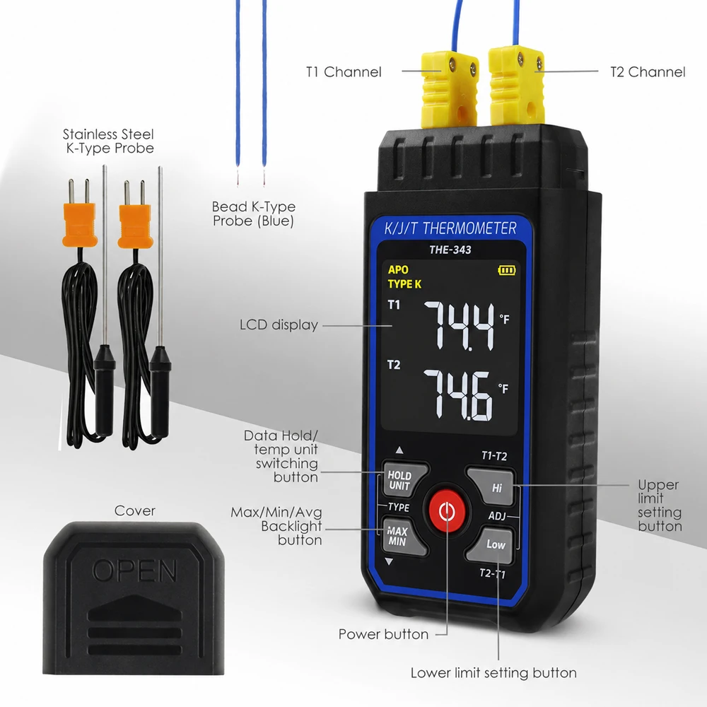 Digital K/J/T Type Digital Temperature Measurement T1-T2 Thermocouple Thermometer W/ Backlight and Temperature Compensation
