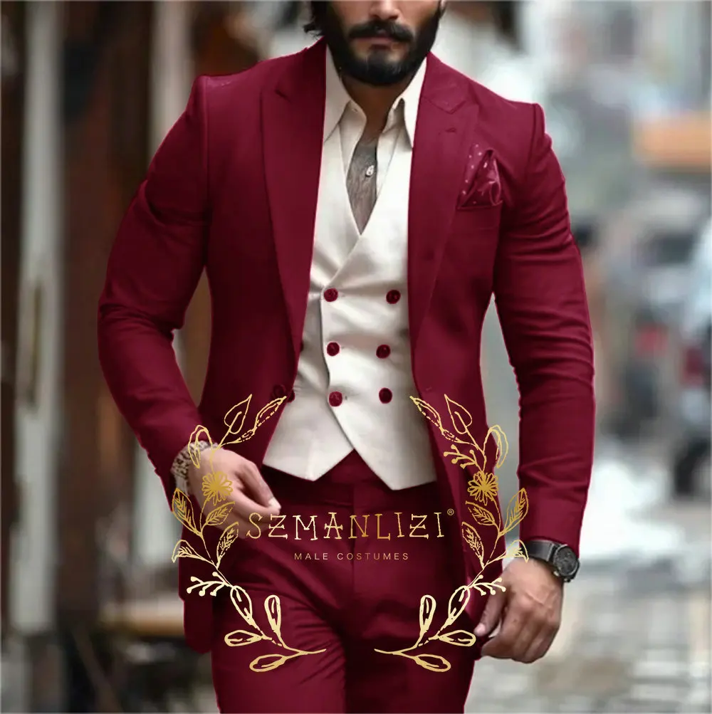 

3 Piece Burgundy Slim Fit Men's Suits Peak Lapel Casual Tuxedos for Wedding Groomsmen Suits (Blazer+Vest+Pant) Costume Homme