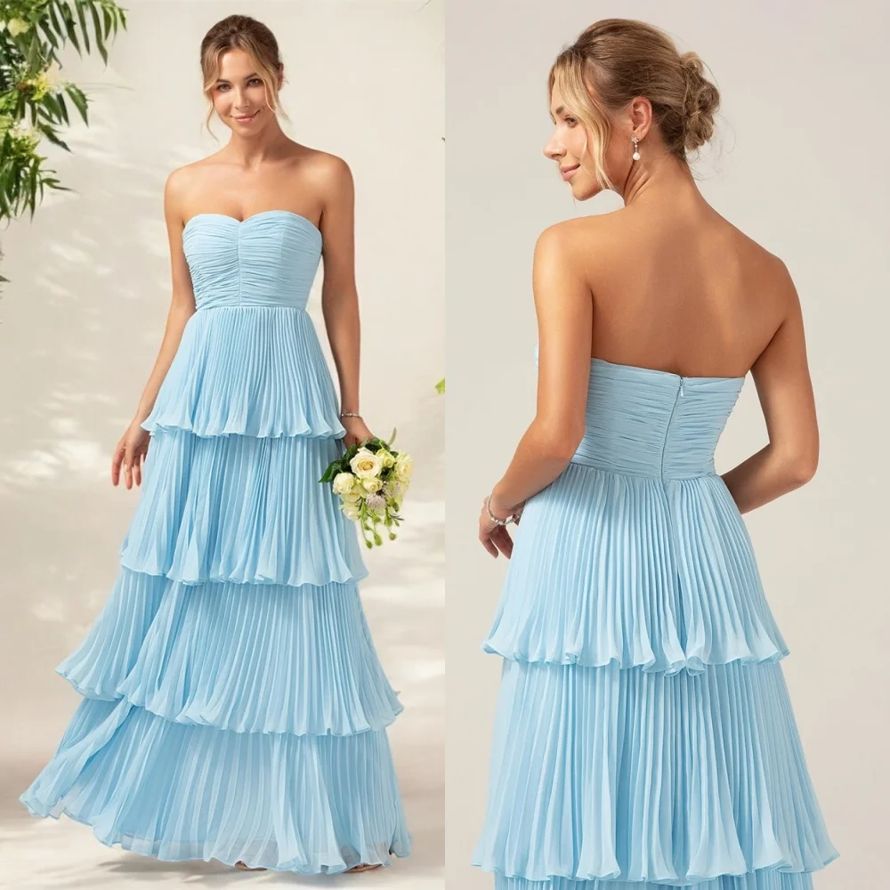 Vestido de noche de gasa azul claro exquisito personalizado, vestidos para ocasiones especiales sin tirantes de alta calidad sin mangas con cremallera en la espalda