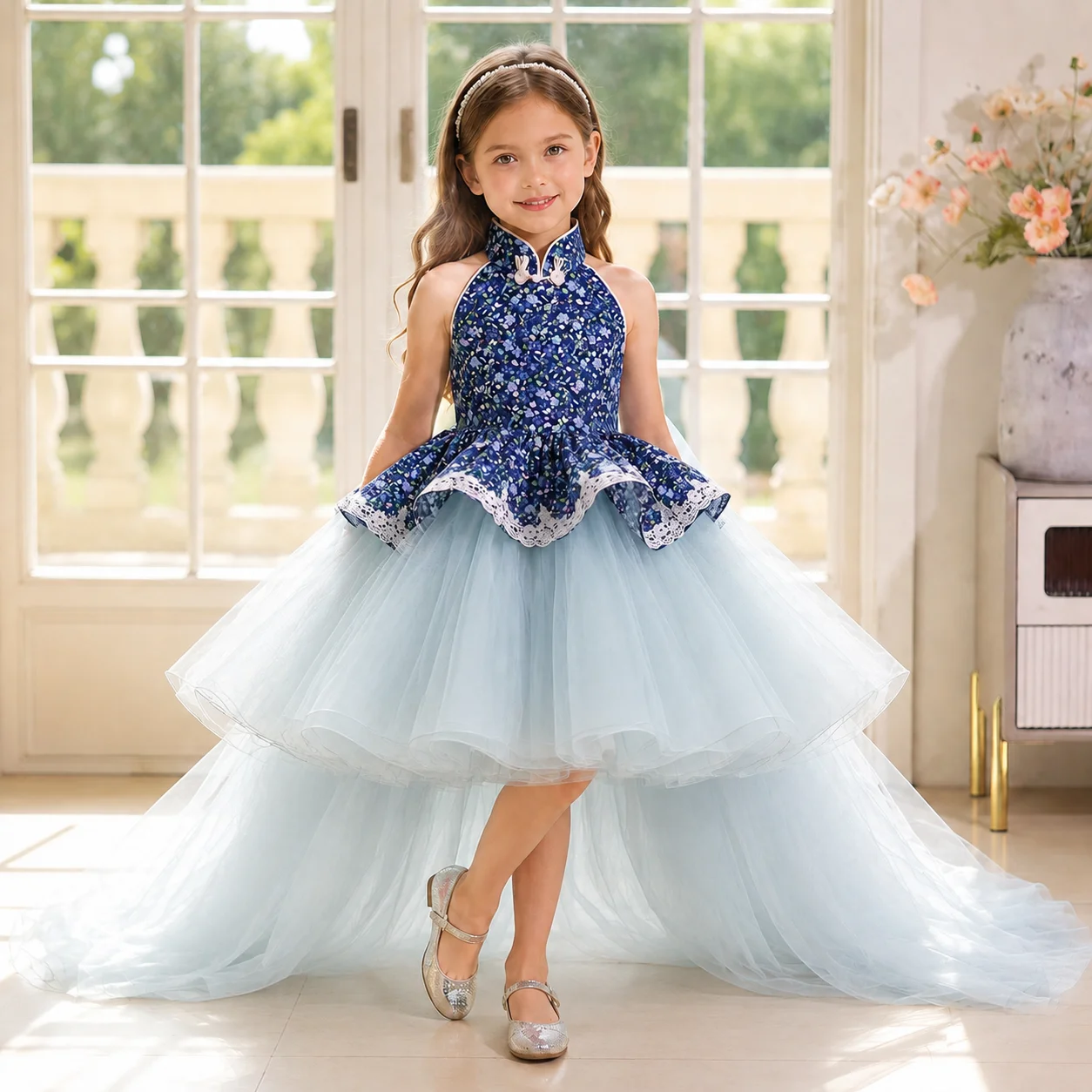 Dreamy Vow D286 Navy Blue Flower Girl Dress Floral Print Princess Gown High Neck Tulle Skirt Long Train Wedding Party Dress