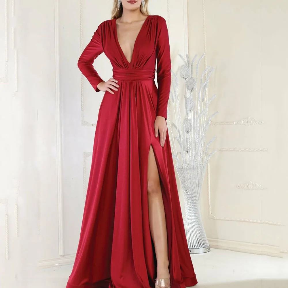 Simple V-Neck Prom Dresses With Split A-Line Formal Occasion Evening Dresses Custom Made Regular Long Sleeve Wedding Party Gowns