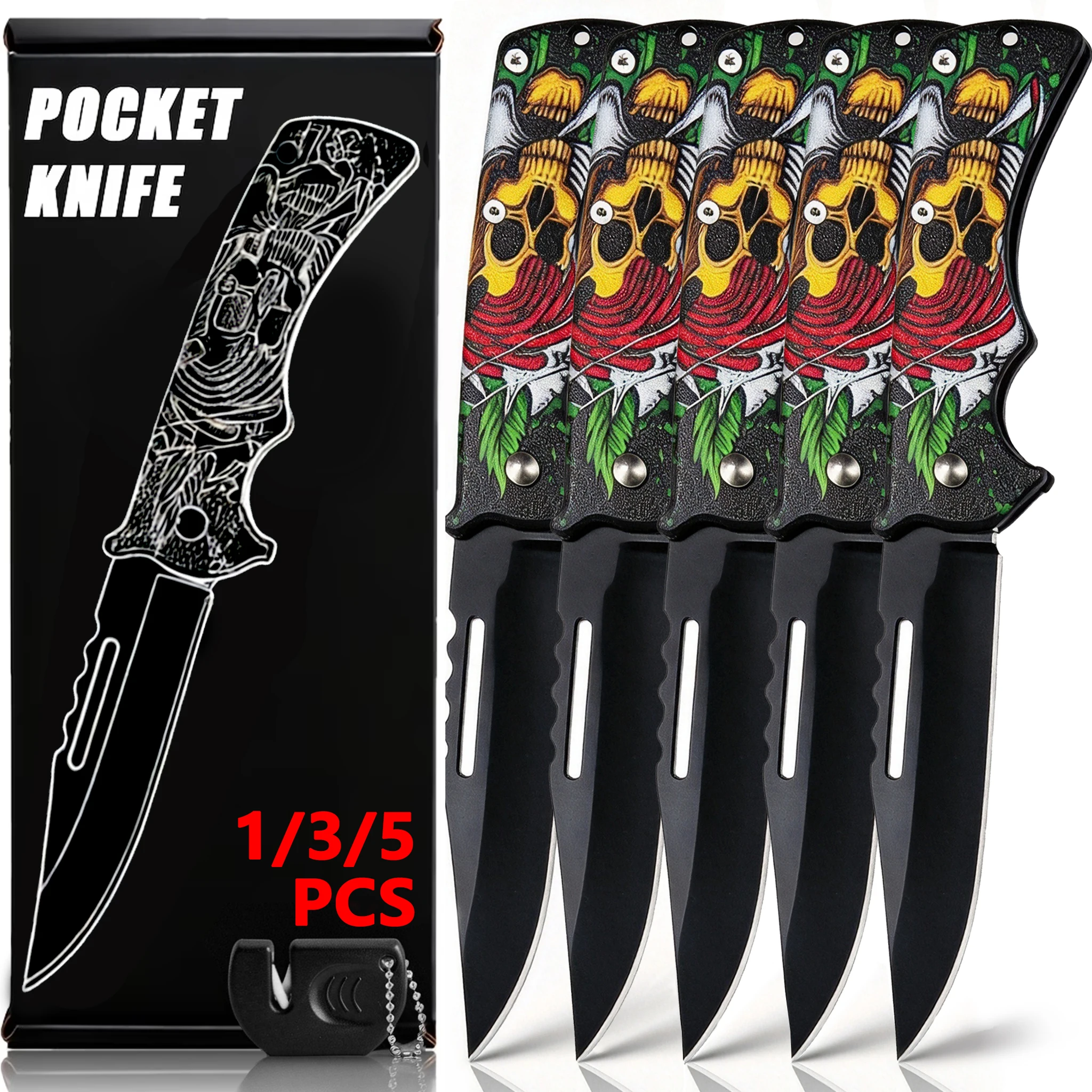 5/3/1Pcs Portable Folding Pocket Knife Set Compact Edc Outdoor Tools With Skull Rose Printed Handle Design Portable Knife High Quality With Loop Ring Durable Stainless Steel Blade For Camping Hiking Fishing Daily Use Gift For Outdoor Enthusiasts