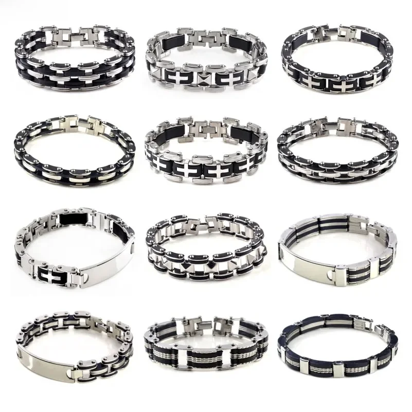 AliExpress 40 Style Men's Stainless Steel Link Chain Bracelets & Bangles Rubber Wristband Men Bicycle