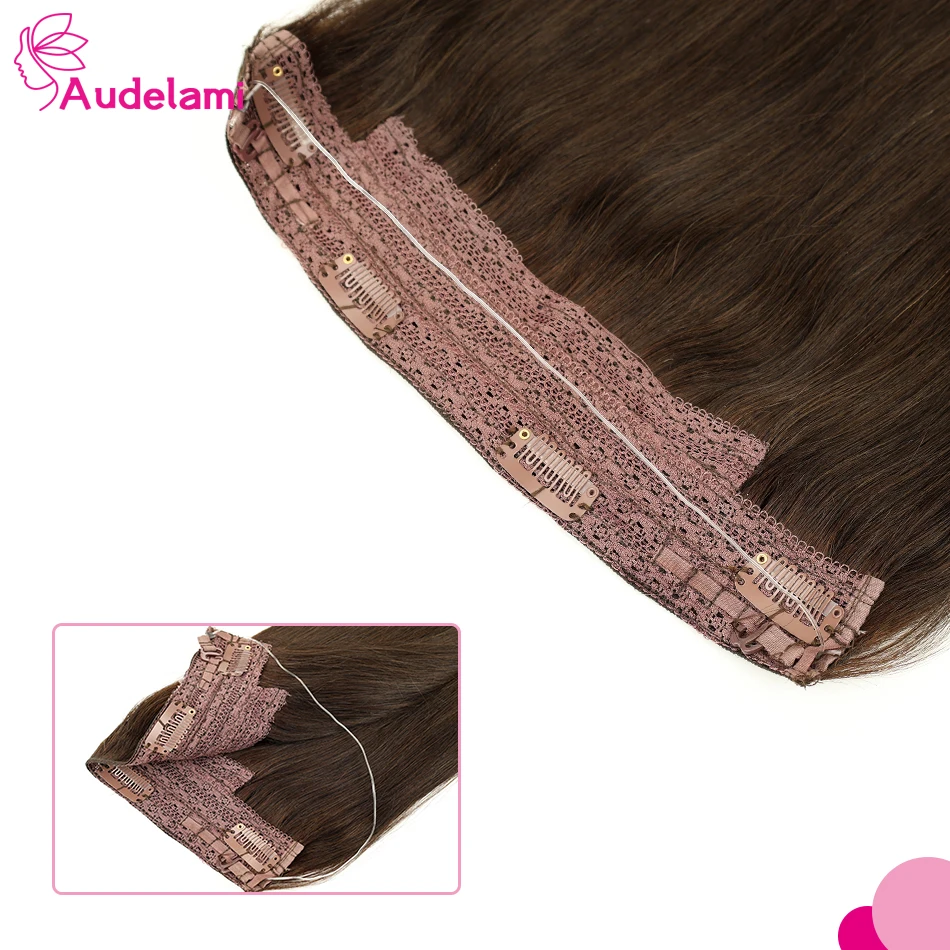 AUDELAMI-extensiones de cabello humano 100% Real, Clip de línea de pescado, alambre Invisible, Natural, 4Clips, 14-20 pulgadas, 90g por paquete