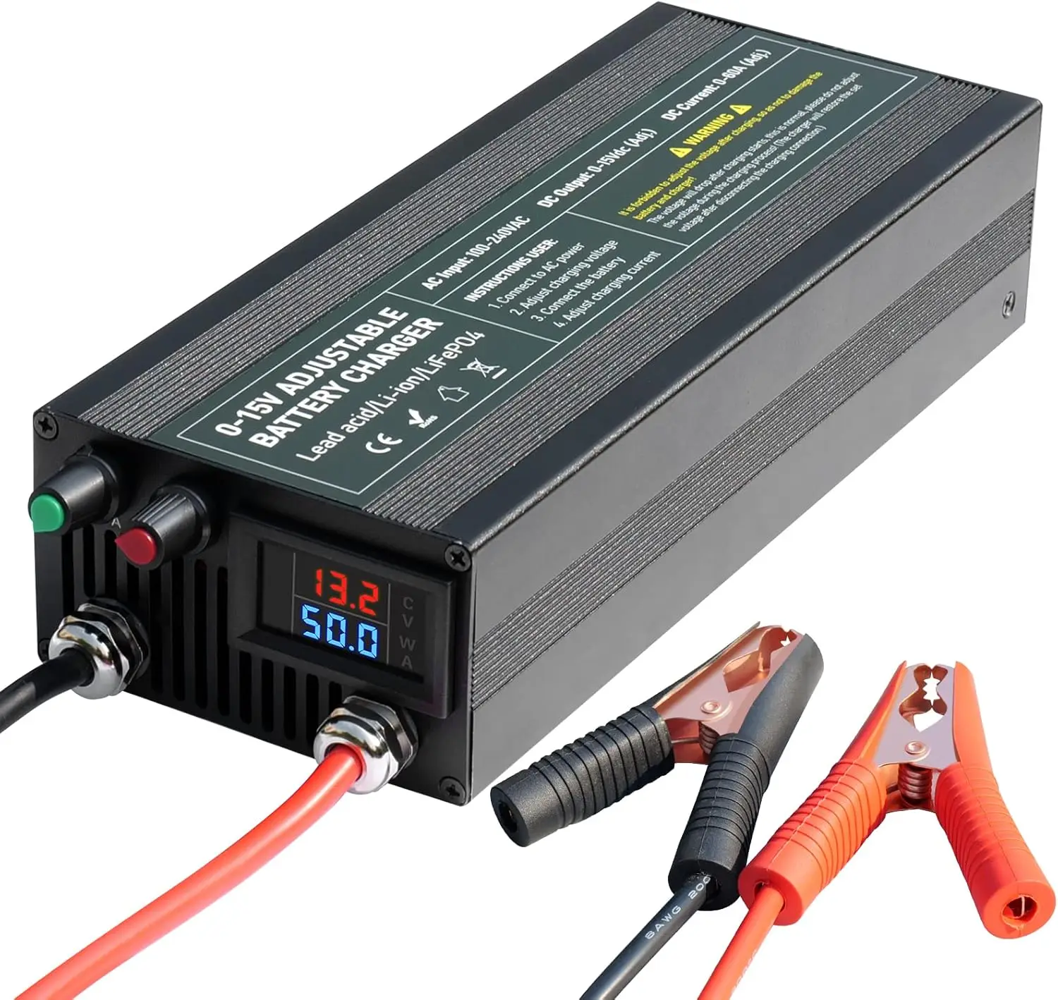 

14.6V 60A 100A Current Voltage Adjustable Battery Charger 110V-240V Input for Lithium Iron Phosphate Ternary Lithium Lead Acid