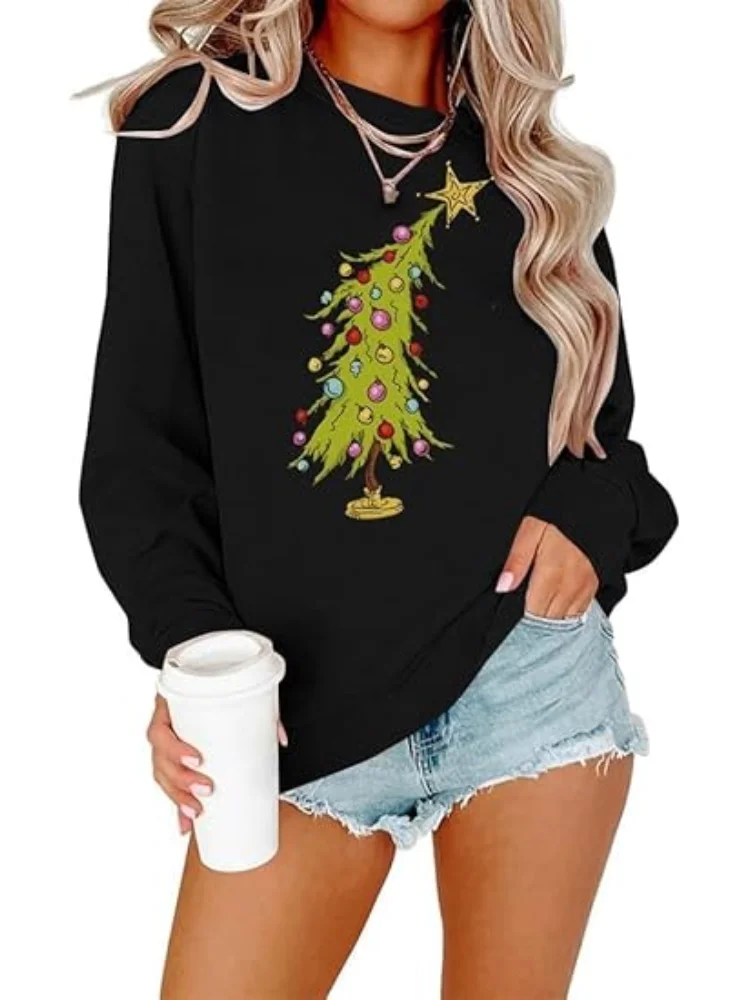 سويت شيرت أبيض لعيد الميلاد للنساء، سويت شيرت شجرة عيد الميلاد، سويت شيرت لعطلة عيد الميلاد، رسومات مضحكة