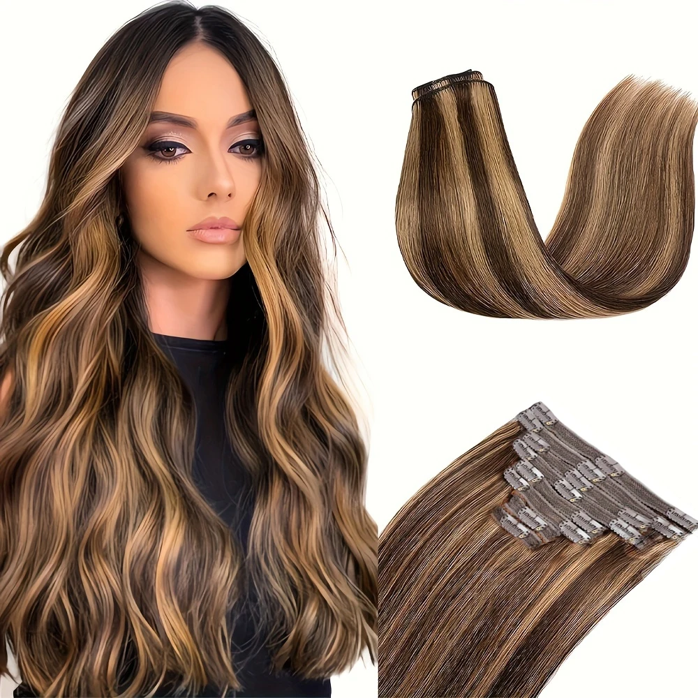 Highlight Color Clip-In-Haarverlängerungen # 4/27 Clip-in-Extensions aus glattem Echthaar, 120 g pro Packung, 8 Stück Clip-Ins-Extensions für den ganzen Kopf