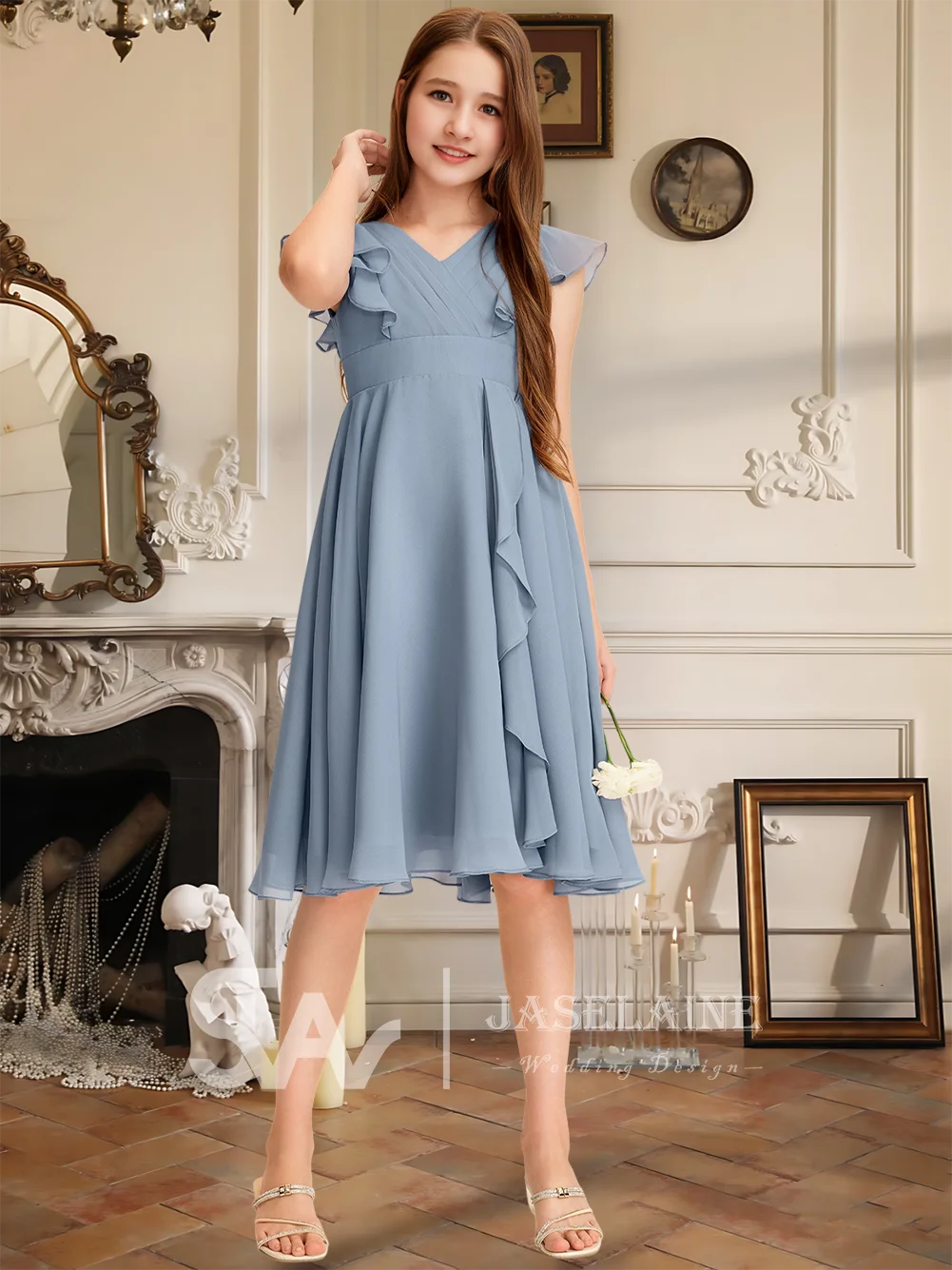 Элегантное шифоновое платье трапециевидной формы длиной до колена с v-образным вырезом для подружек невесты, платье с цветочным узором для девочек, каскадное платье с оборками, вечерние, свадебные, вечерние