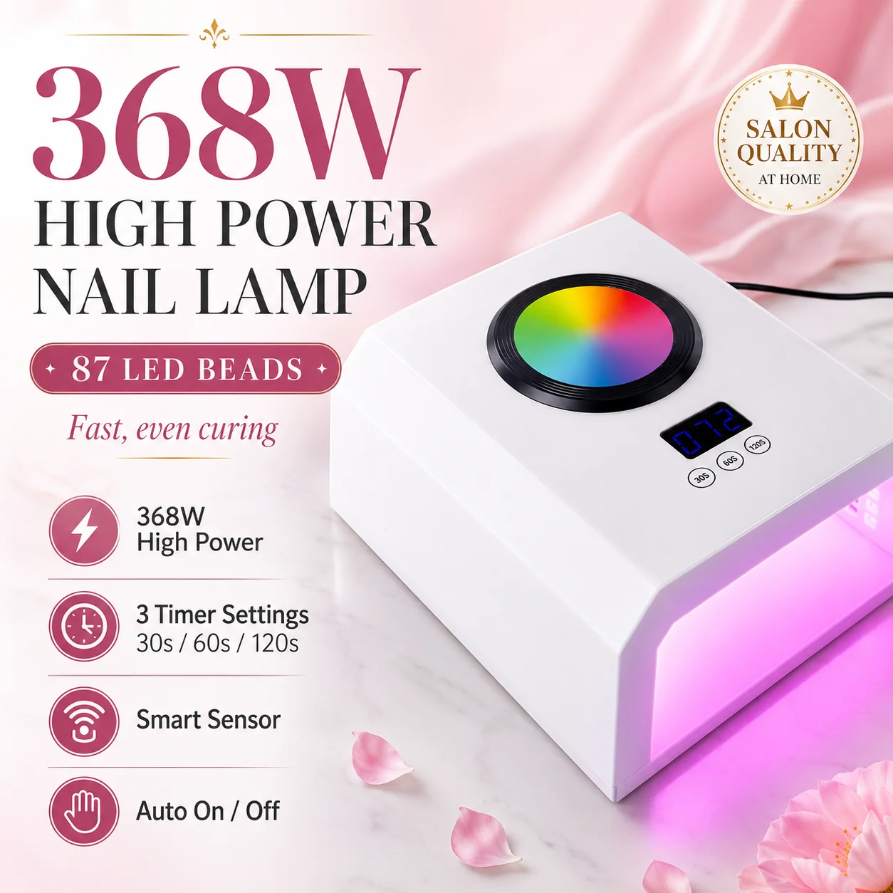 368W Plug-In UV LED Nail Lamp, 87 Beads High Power Gel Nail Dryer, Fast Curing Nail Light, White/Pink/Black