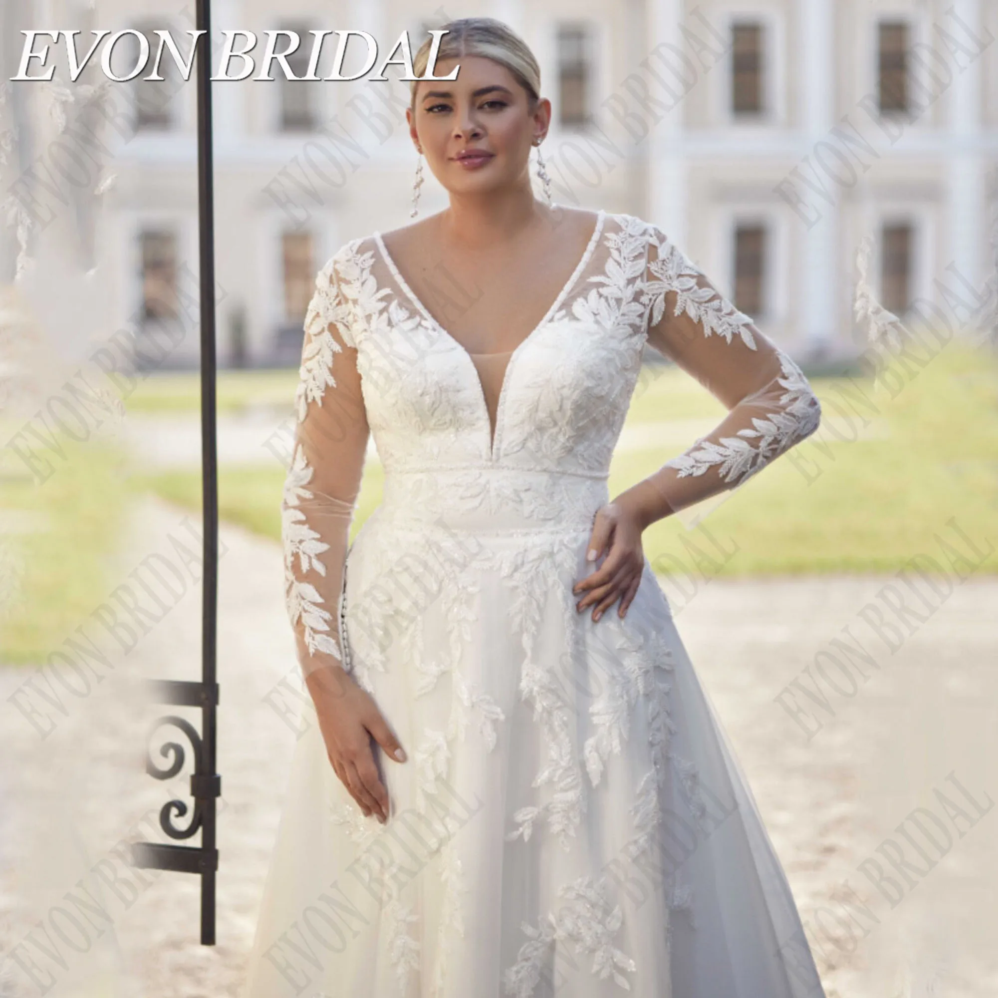 EVON BRIDAL-Robe de Mariée à Manches sulf, Col en V, Grande Taille, Appliques en Tulle, Ligne A, Balayage, Traîne, Élégante, Sur Mesure,