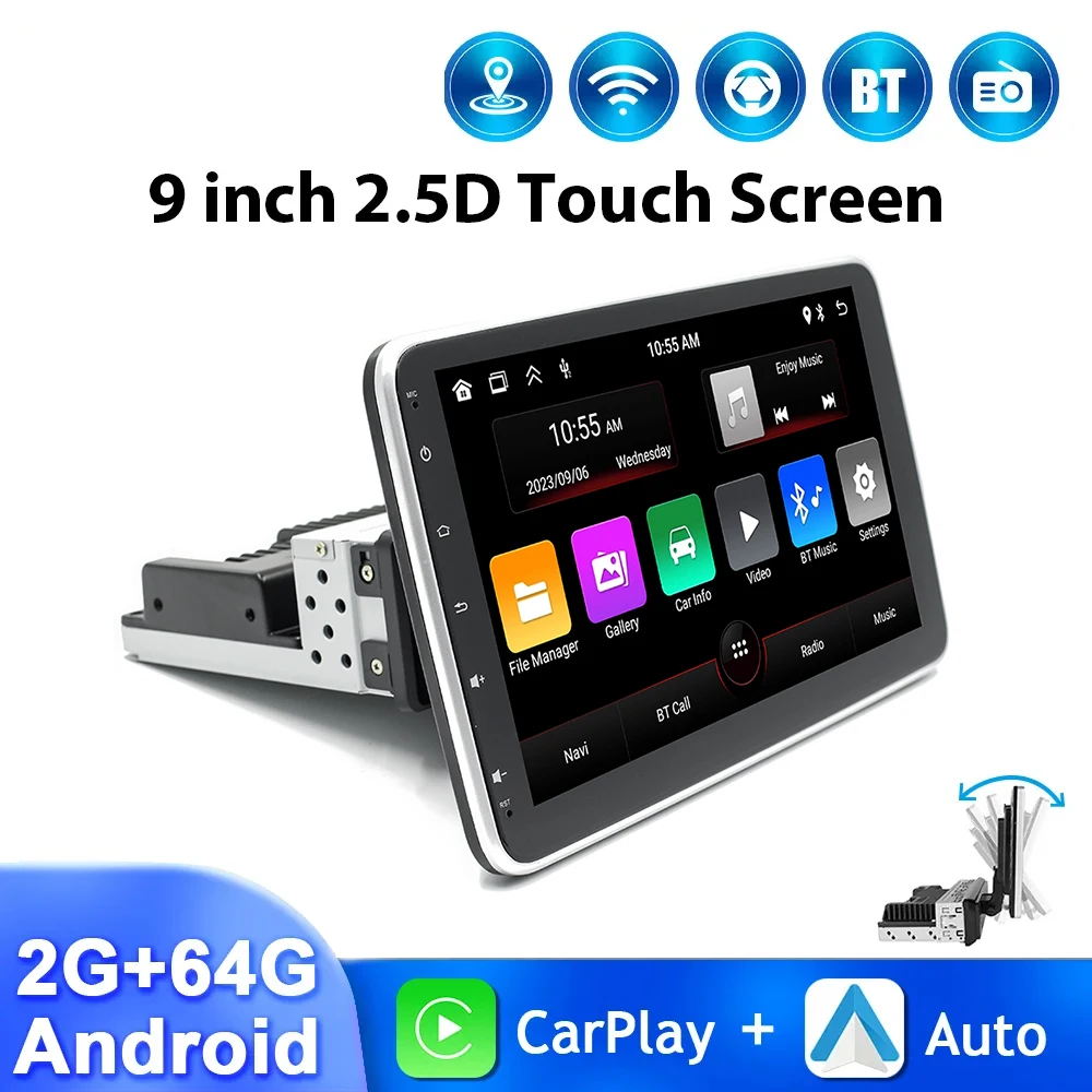 Universal 2 Din 9 inch 10 Inch Carplay Android 13 Multimedia Player Car Rotatable Player 360 Degree Car Rotating Car Radio