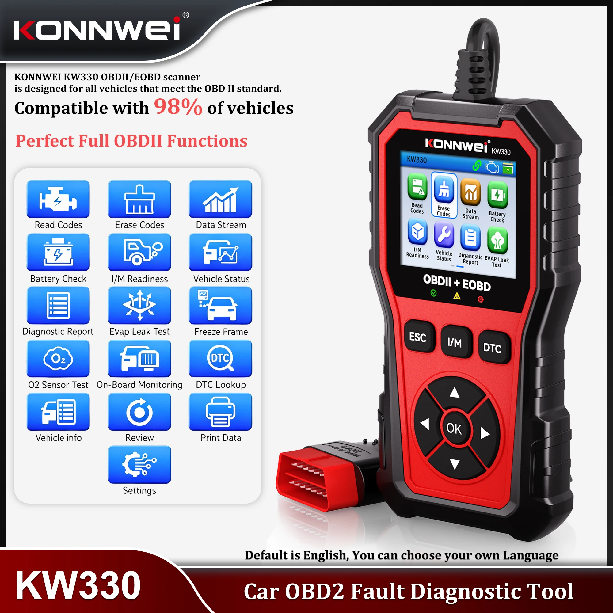 

KONNWEI KW330 OBD2 Car Fault Scanner with Print Engine Fault Code Clear Battery Test Real-Time Data Professional Diagnostic Tool