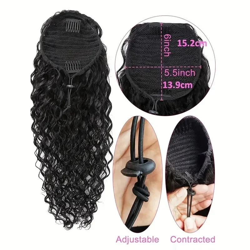 Extensiones de cola de caballo de cabello humano brasileño con pasta mágica, rizado, onda profunda, Color Natural, Remy, 12-26 pulgadas