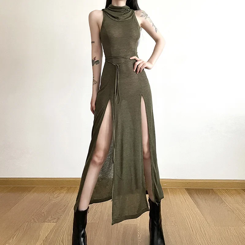 Goth Dark Cyber Gothic Desert Walker Jurken met capuchon Y2k Punk Grunge Hollow Out Midi Jurk Vrouwen Sexy Split Side Solid Streetwear - afbeelding 2