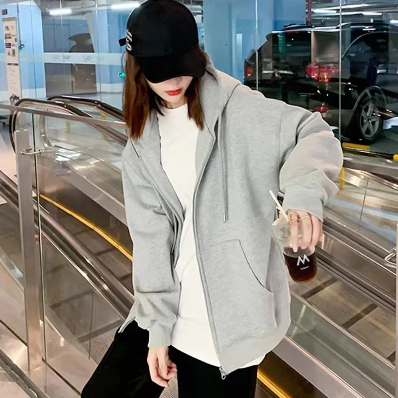 Autumn Loose Zipper Black Hoodies Fleece Hoodie Solid Color Hooded Korean Fashion Sweatshirts Long Sleeve Top Drawstring Pockets