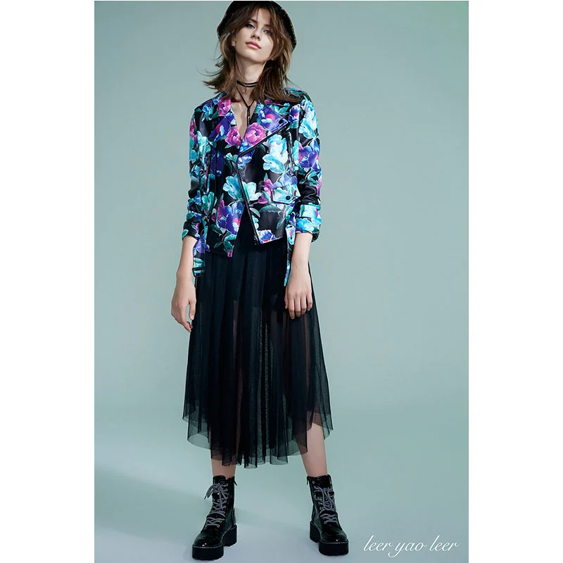 

Women's Fashion Short Printed PU Leather Coat Designer Brand Original Jacket