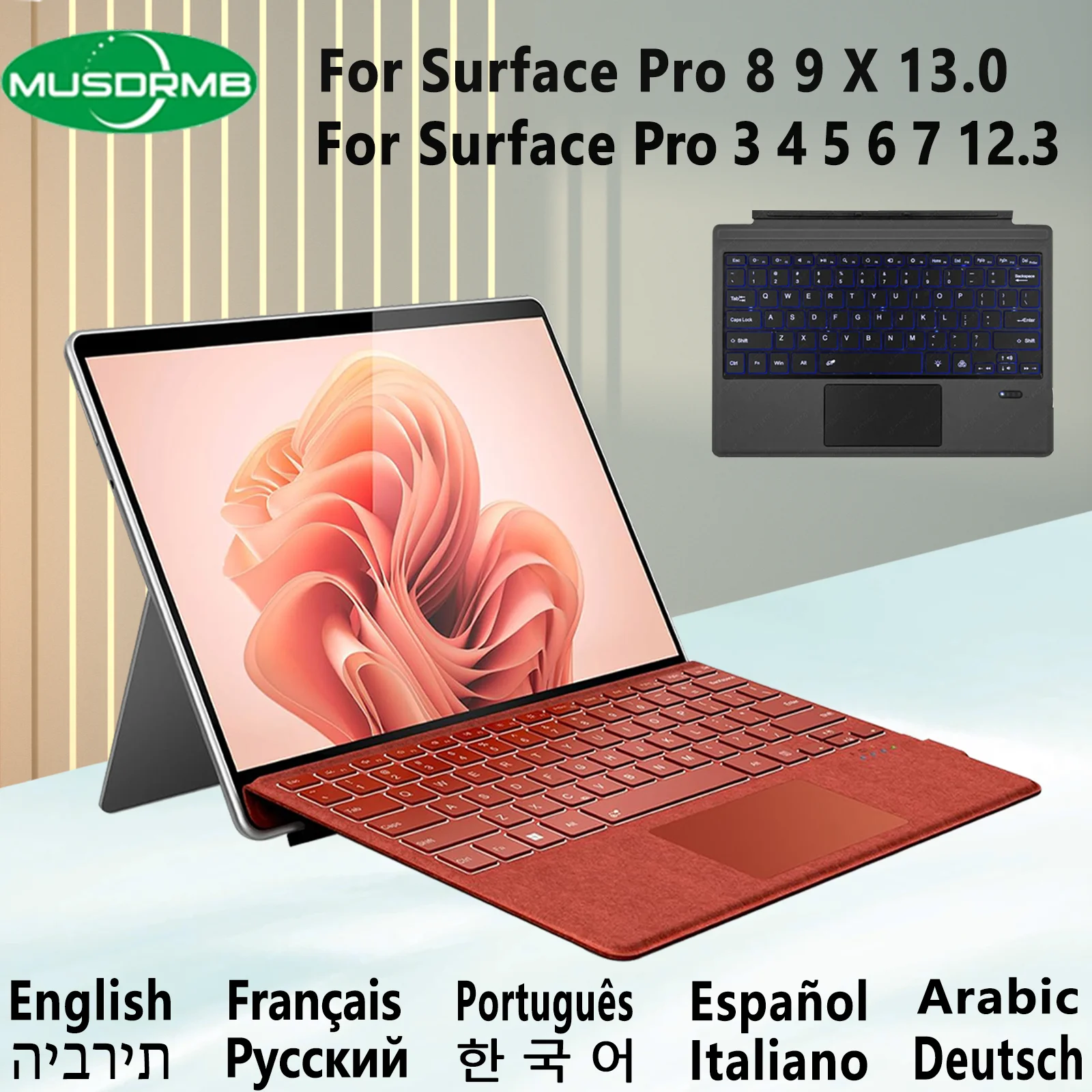 

Клавиатура с трекпадом для Microsoft Surface Pro 3, 4, 5, 6, 7, 12,3 дюйма, для 8, 9 X, беспроводная магнитная клавиатура, арабский, испанский, корейский, AZERTY