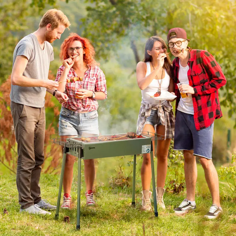Barbecue portable au charbon de bois pour 5 à 15 personnes - grande surface de cuisson, pieds amovibles, base antidérapante, plusieurs paniers de rangement
