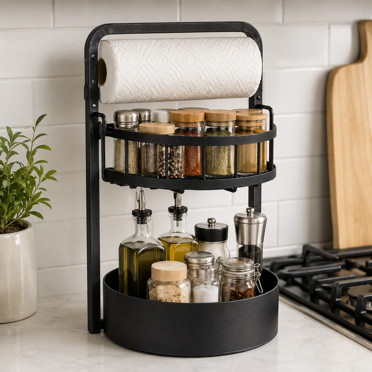 2 Tier Kitchen Countertop Organizer, Heavy Duty Spice Rack with Paper Towel Holder, Strong Weight Capacity Sauce Oil Bottle Storage Stand