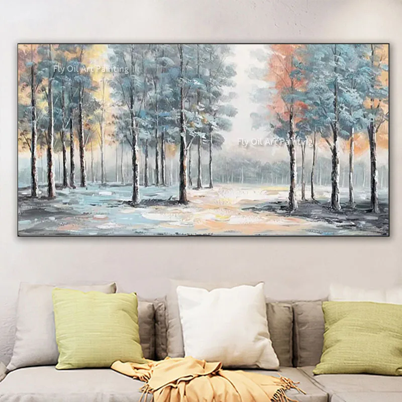 

Large Blue Forest Landscape Oil Painting On Canvas Abstract Birch Tree Of Life Textured Painting Living Room Wall Art Decor