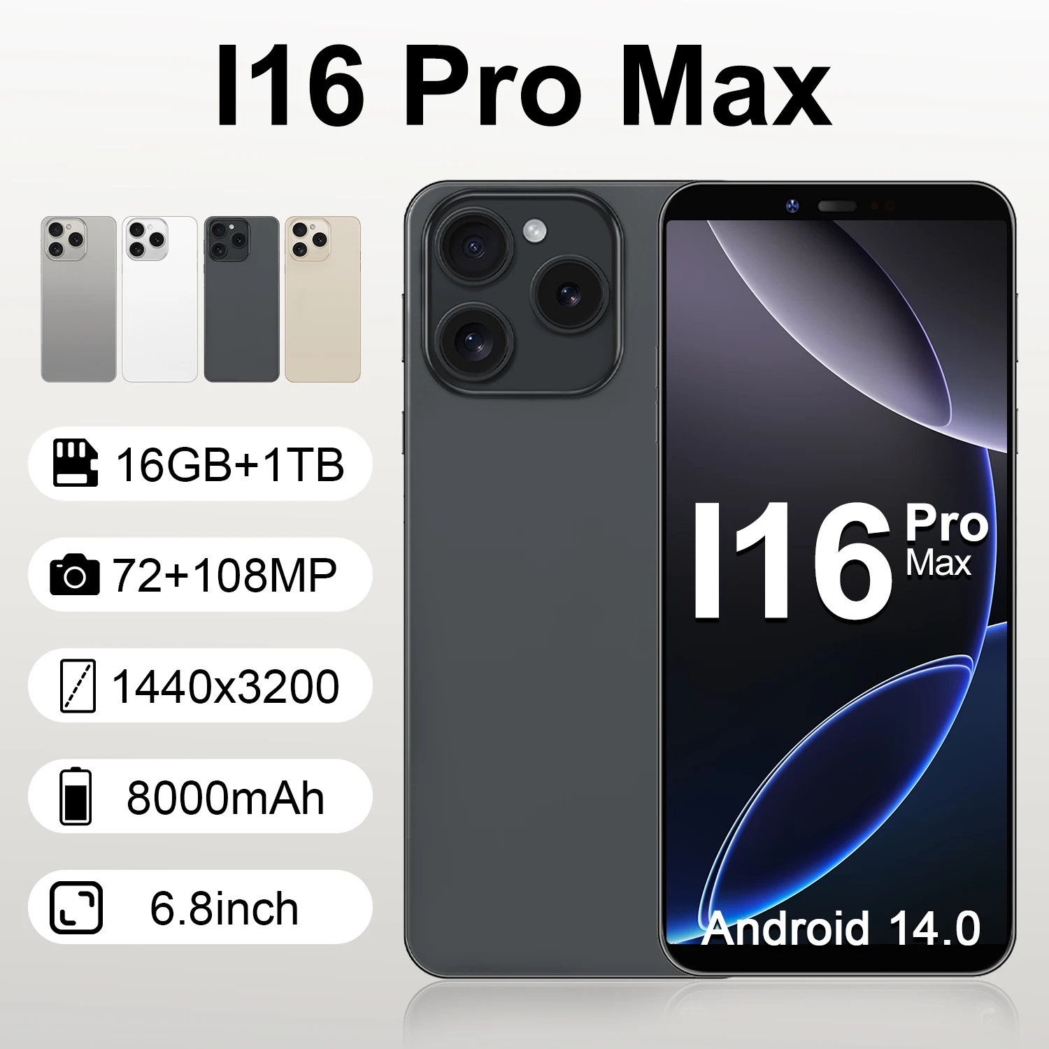 

2025 HOT i16 Pro Max Android Smartphone Original 5G 6.8 Inch HD Screen 108MP Camera 6800mAh Dual SIM Unlock Phone Ten Core