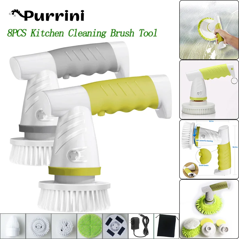 

8pcs Electric Automatic Kitchen Cleaning Brush Rechargeable Waterproof Multifunction Home Dishwashing Glass Wiping Machine Tools