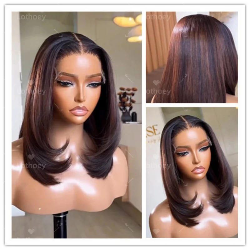 تسليط الضوء على مستقيم قصير بوب براون الباروكات شعر الإنسان 100% شعر الإنسان قبل قطعها 5x5 الحرير قاعدة الدانتيل إغلاق شعر مستعار للنساء