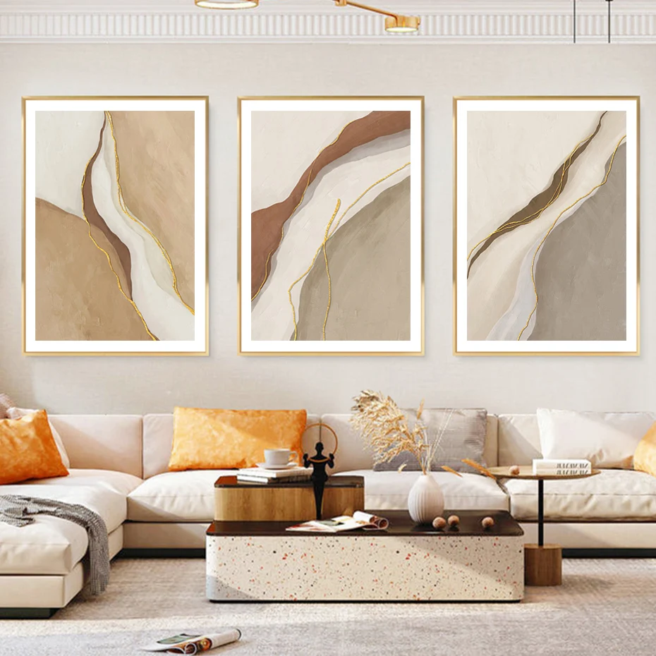 

Modern Gold Foil Lines Beige Posters Abstract Wall Art Canvas Painting Print Picture Luxury Living Room Interior Home Decoration