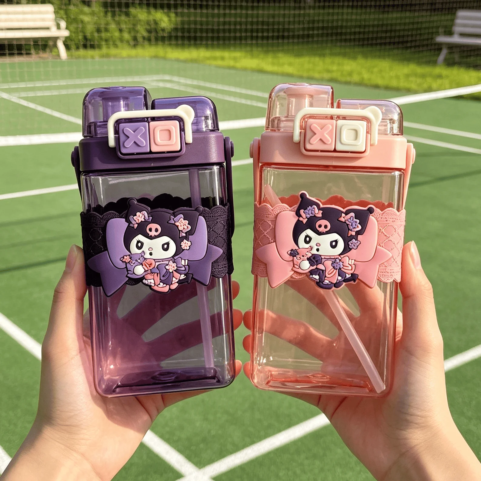 600ml Sanrio Kuromi Cute Water Bottle, Large Capacity Double Mouth High Beauty Square Drinking Cup, Portable Handle