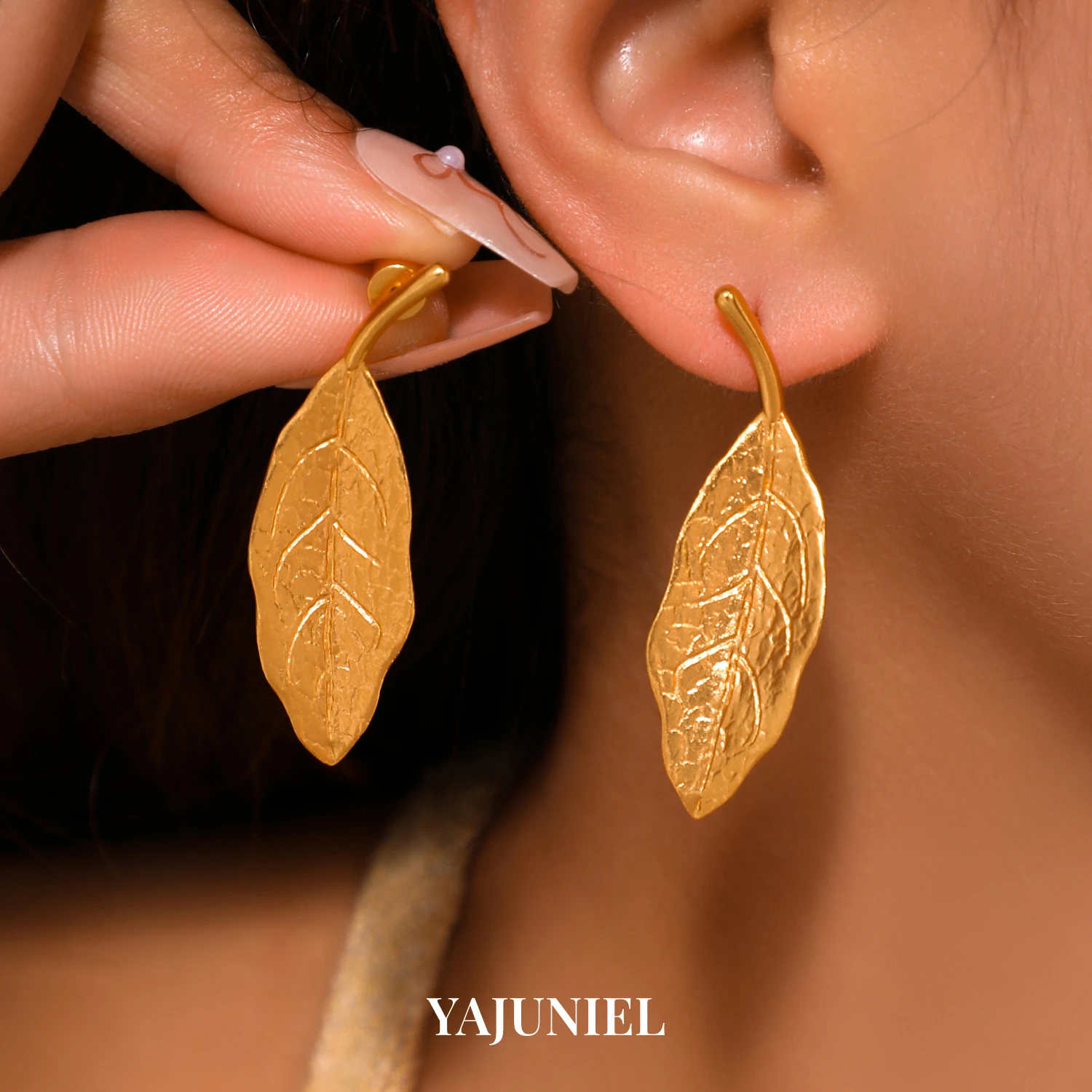 YAJUNIEL 24K Gold Plated Leaf Drop Earrings for Women Hypoallergenic Brass Detailed Veined Leaf Dangle Earrings Elegant Jewelry