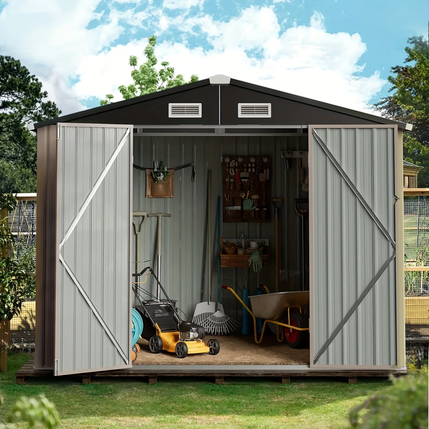 Set, Storage Shed 6.4x3.6FT Outdoor Metal Storage Shed, Galvanized Steel Shed With Air Vent And Hinged Door Utility Tool Storage